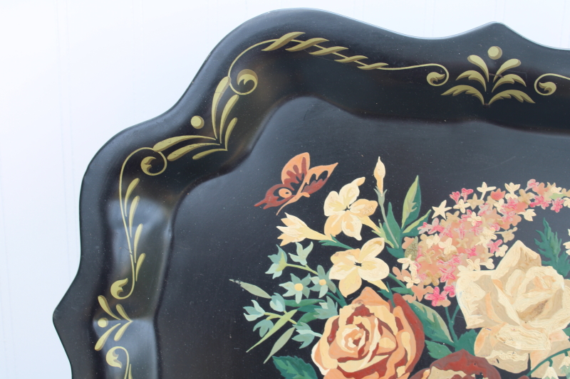 mid century vintage tole craft hand painted metal tray, paint by numbers floral on black