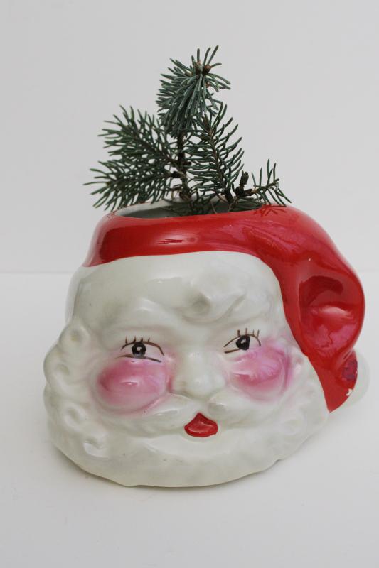 mid-century Santa head planter pot or vase, 1950s vintage Santa face holiday decor