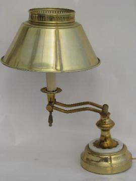 mid-century brass student desk lamp w/ adjustable swing arm, tole shade