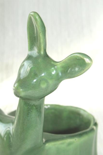 mid-century mod Haeger pottery planter, vintage plant pot w/ little deer, jade green glaze