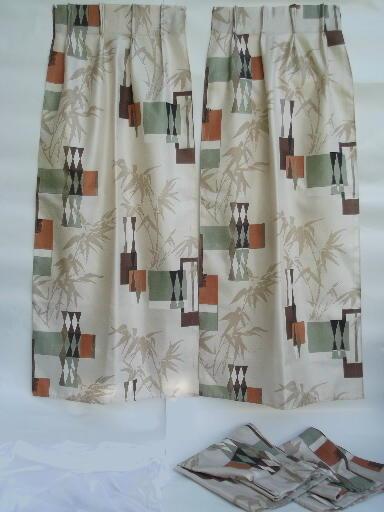 mid-century mod print barkcloth textured fiberglass drapes, vintage 50s 60s