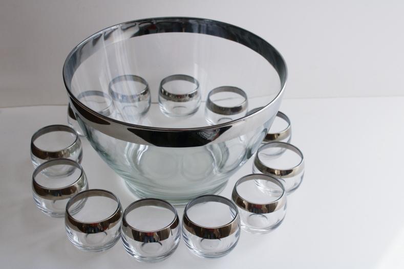 mid-century mod vintage Dorothy Thorpe roly poly wide silver band punch cup glasses & bowl