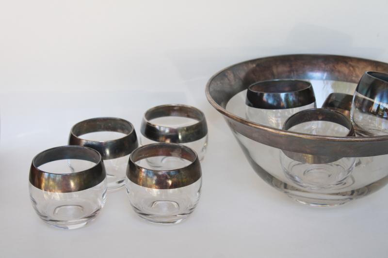 mid-century mod vintage Dorothy Thorpe wide silver band roly poly glasses & punch bowl