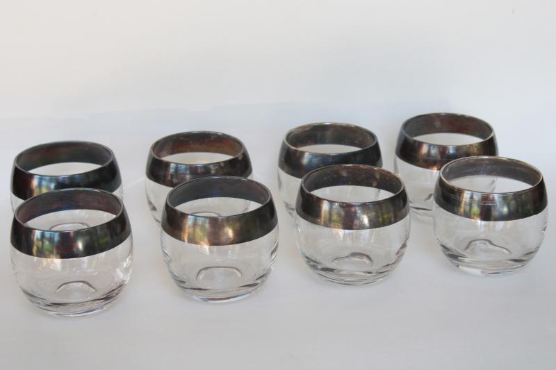 mid-century mod vintage Dorothy Thorpe wide silver band roly poly tumblers drinking glasses
