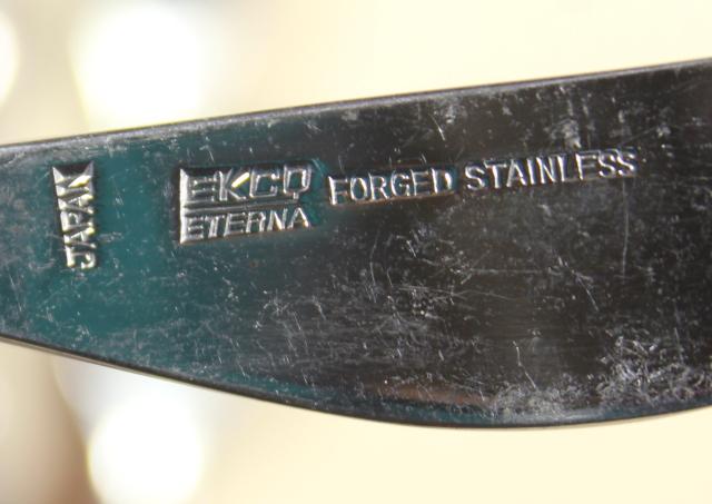 mid-century mod vintage Ekco Eterna Canoe Muffin stainless flatware w/ rosewood melamine handles