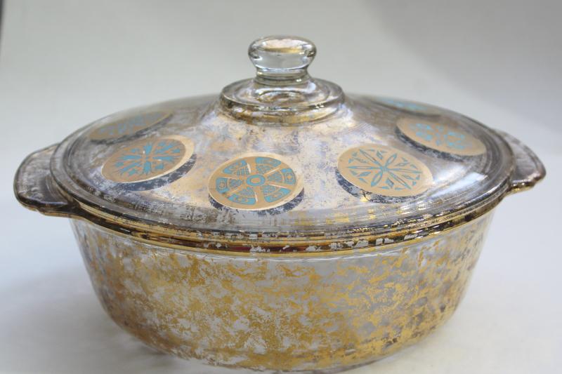mid-century mod vintage Georges Briard Fire King casserole, gold & turquoise medallions