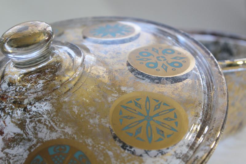 mid-century mod vintage Georges Briard Fire King casserole, gold & turquoise medallions