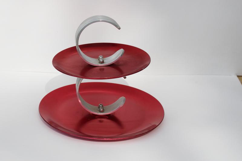 mid-century mod vintage Regal red anodized aluminum tiered serving tray snack server