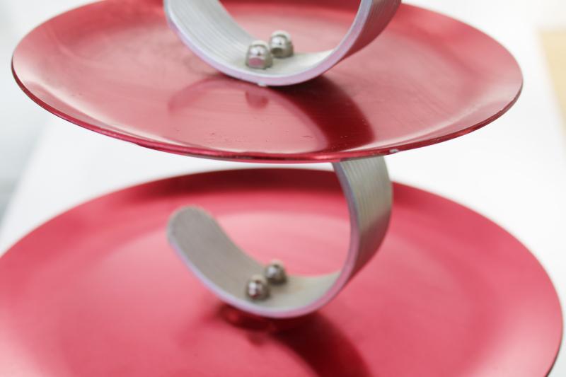 mid-century mod vintage Regal red anodized aluminum tiered serving tray snack server