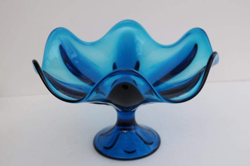 mid-century mod vintage Viking art glass, bluenique aqua blue pedestal bowl