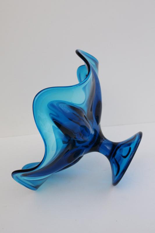 mid-century mod vintage Viking art glass, bluenique aqua blue pedestal bowl