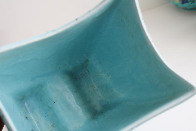 mid-century mod vintage aqua spatter pottery vase or planter, retro ceramic pot