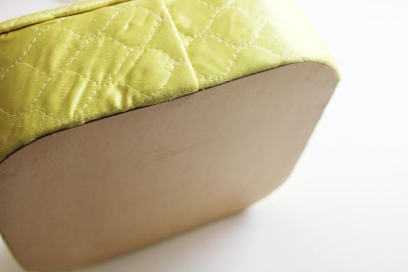 mid-century mod vintage chartreuse satin quilted hanky box for gloves, stockings