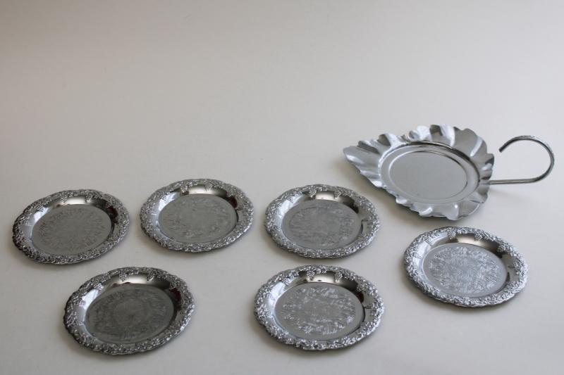 mid century mod vintage coaster set shiny silver chrome coasters