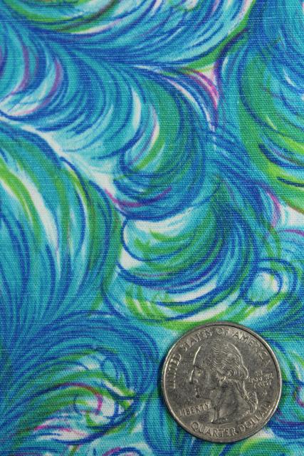 mid-century mod vintage cotton fabric, cool blue green feather plumes print