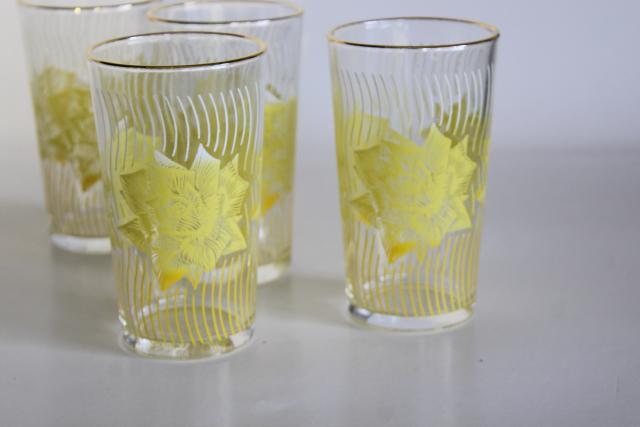 mid-century mod vintage drinking glasses, printed glass tumblers w/ yellow roses
