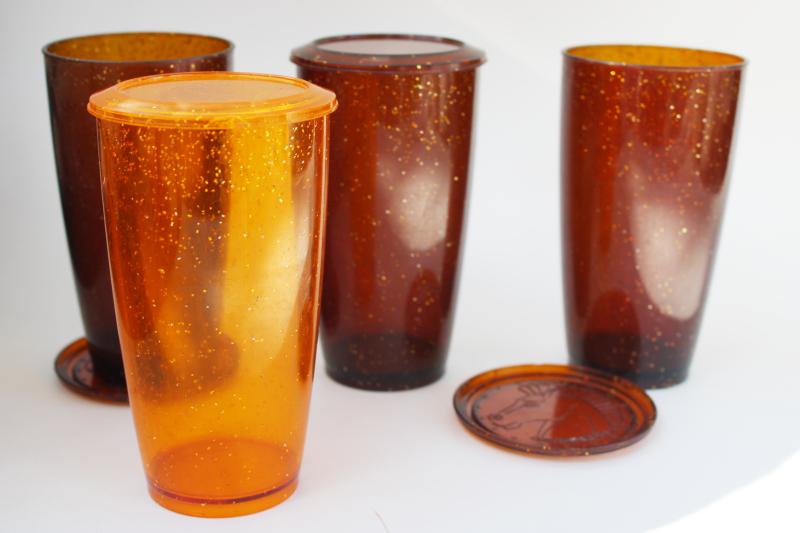 mid-century mod vintage glitter amber hard plastic drinks set, coasters tumblers