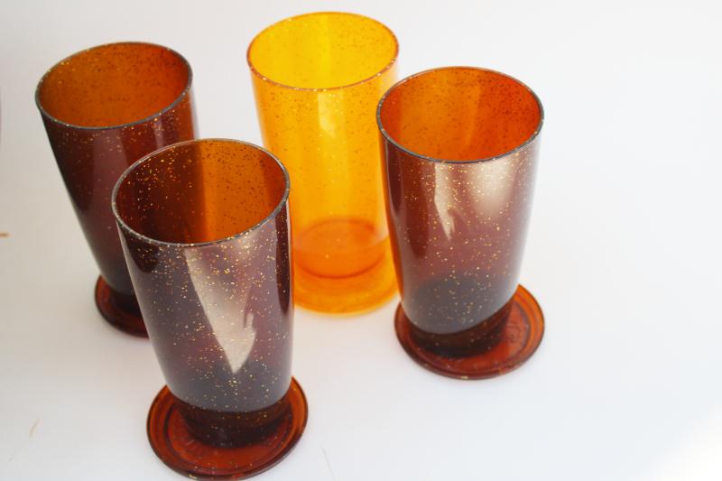 mid-century mod vintage glitter amber hard plastic drinks set, coasters tumblers