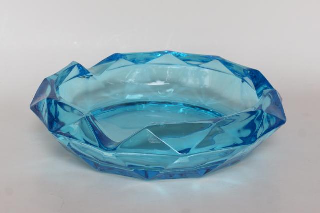 mid-century mod vintage huge heavy glass ashtray, retro aqua blue gem faceted ash tray