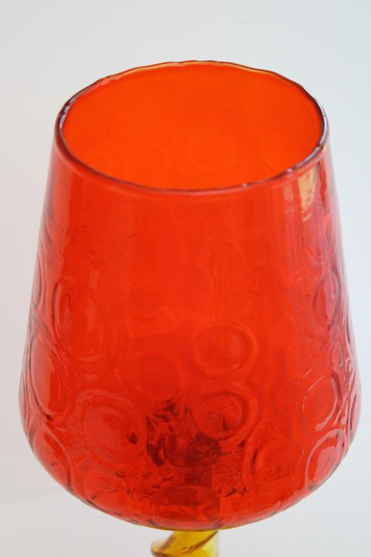 mid-century mod vintage huge wine goblet vase, bullseye texture twist stem amberina glass