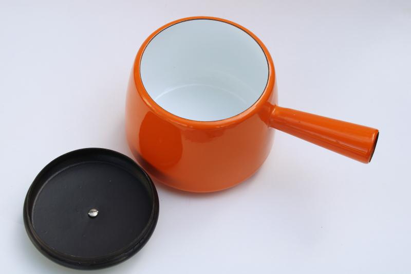 mid-century mod vintage orange enamel saucepan or fondue pot w/ matte black metal lid 