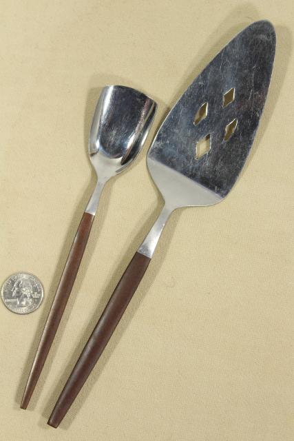 mid-century mod vintage stainless flatware, lot of silverware w/ rosewood melamine handles