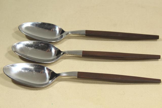 mid-century mod vintage stainless flatware, lot of silverware w/ rosewood melamine handles
