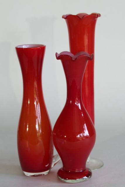 mid-century modern vintage art glass vases, tomato red orange color cased glass collection