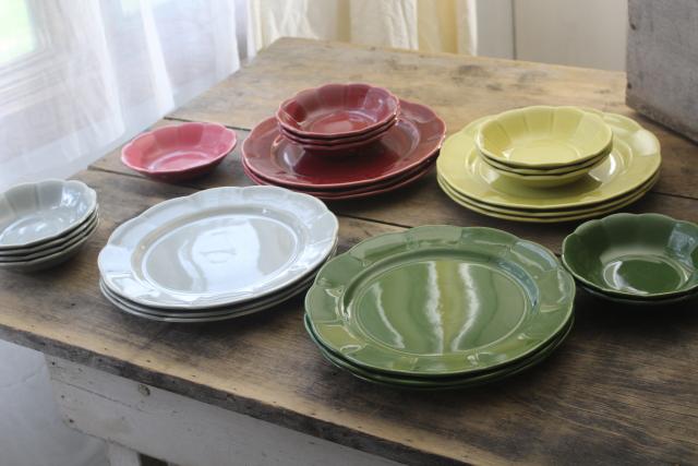 mid-century modern vintage dishes, ceramic dinnerware retro colors wine, green, chartreuse, grey