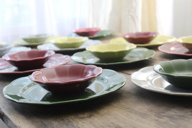 mid-century modern vintage dishes, ceramic dinnerware retro colors wine, green, chartreuse, grey