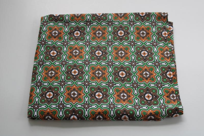 mid-century vintage 36 wide cotton fabric, print in green, rust orange, brown
