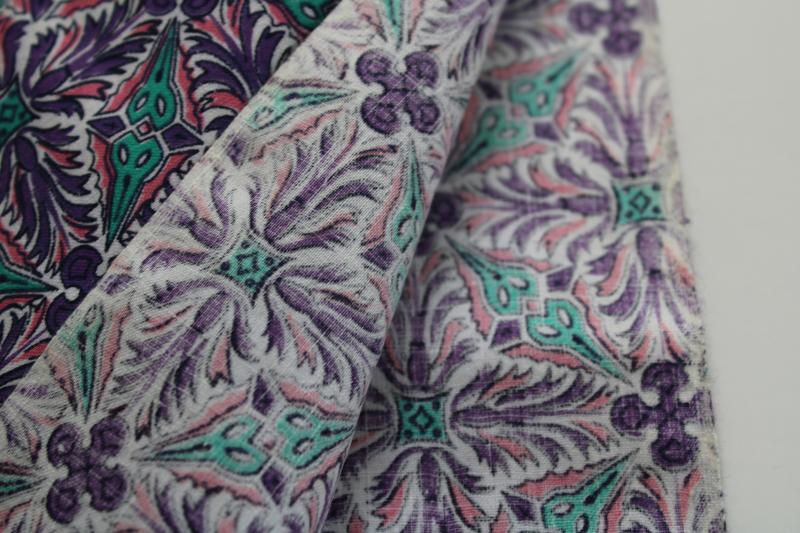 mid-century vintage 36 wide cotton fabric, print in turquoise, pink, violet purple