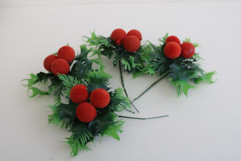 mid-century vintage Christmas holly plastic floral picks w/ flocked berries 