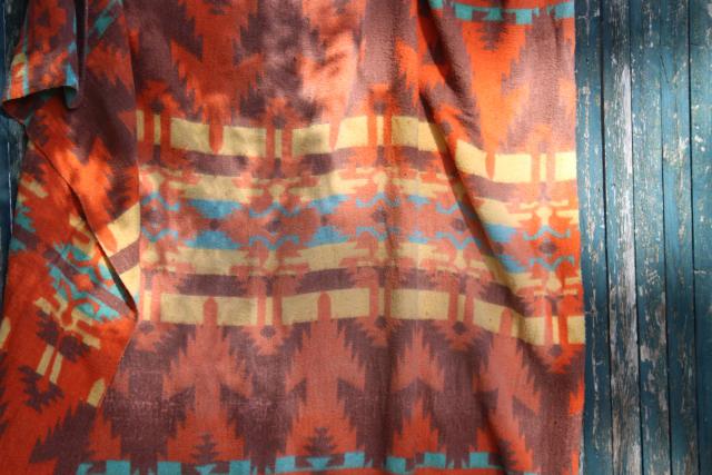 mid-century vintage Indian blanket, worn soft camp blanket orange - mint green - yellow