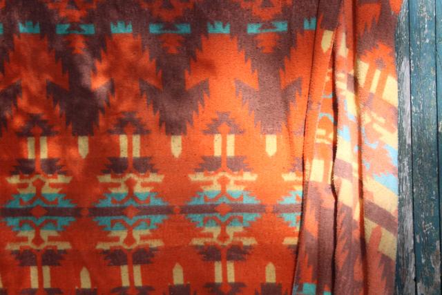 mid-century vintage Indian blanket, worn soft camp blanket orange - mint green - yellow