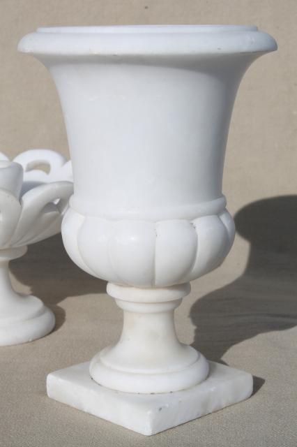 mid-century vintage Italian alabaster white marble carved stone urn vase & candle holders
