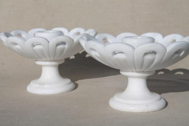 mid-century vintage Italian alabaster white marble carved stone urn vase & candle holders