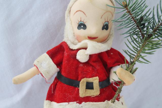 mid-century vintage Japan Christmas Santa girl doll, posable figure in felt suit