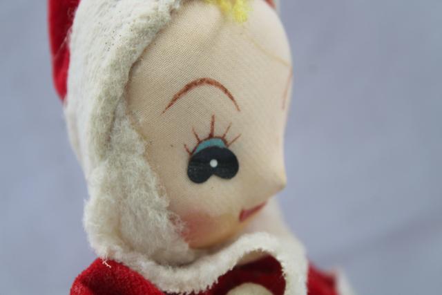 mid-century vintage Japan Christmas Santa girl doll, posable figure in felt suit
