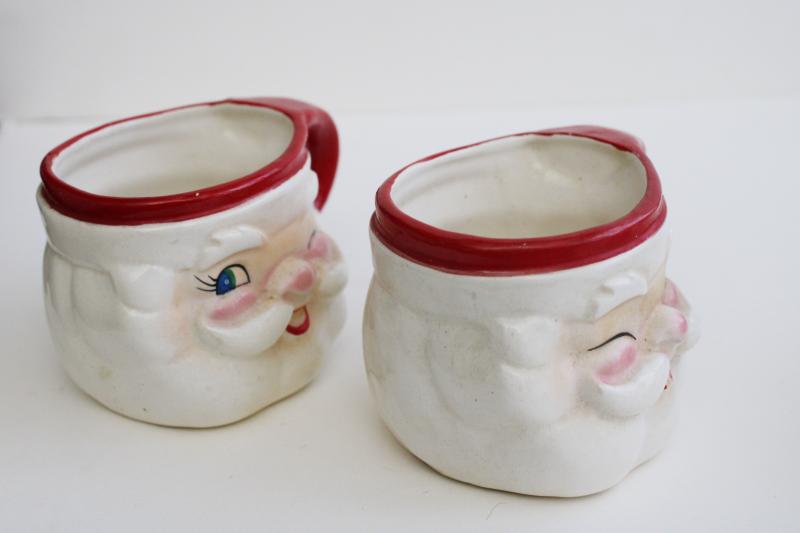 mid-century vintage Japan ceramic Santa face mugs, mini Holt Howard winking Santas 