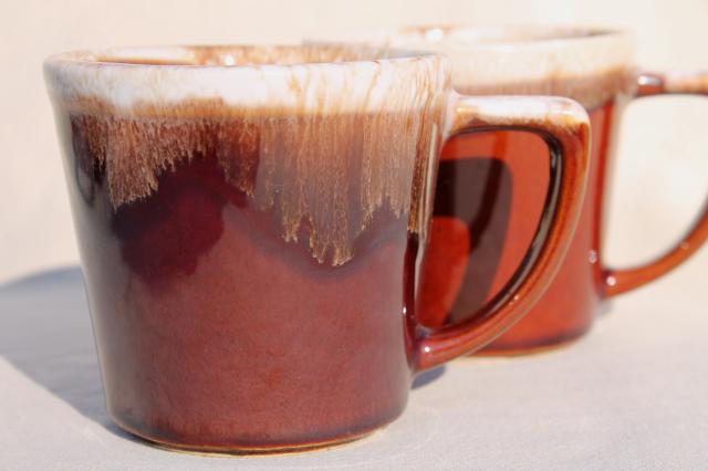 mid-century vintage McCoy pottery coffee cups, brown drip glaze mugs set of six