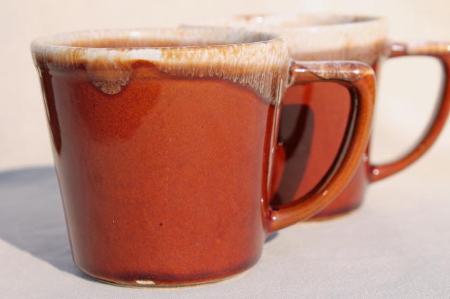 mid-century vintage McCoy pottery coffee cups, brown drip glaze mugs set of six