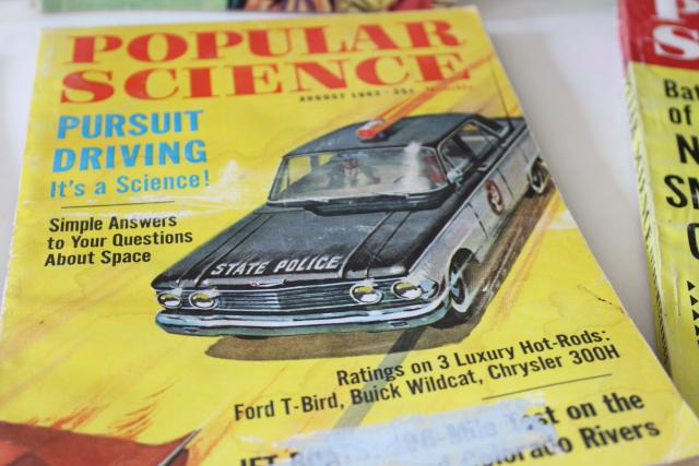 mid-century vintage Popular Science magazines w/ pulp covers, hot rods & crazy how-tos