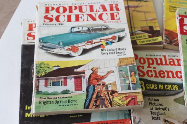 mid-century vintage Popular Science magazines w/ pulp covers, hot rods & crazy how-tos