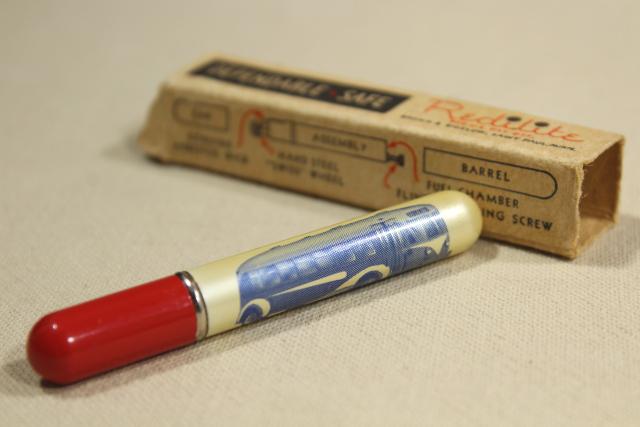 mid-century vintage Redi Lite lighter w/ advertising, Bluebird bus lines w/ photo