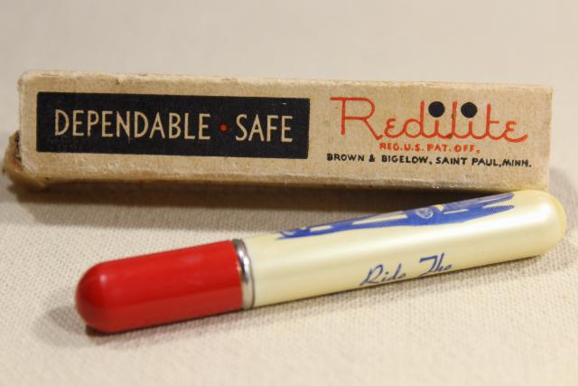 mid-century vintage Redi Lite lighter w/ advertising, Bluebird bus lines w/ photo