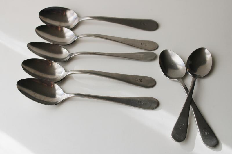mid-century vintage US military mess hall flatware, heavy stainless spoons Army or Navy