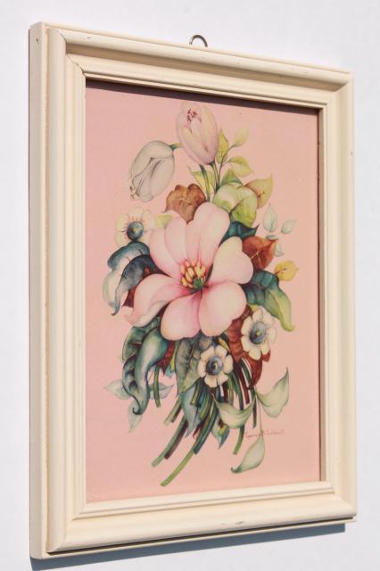 mid-century vintage boudoir prints, floral pair in painted wood frames, shabby cottage chic