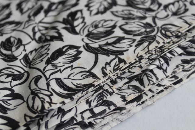 mid-century vintage cotton fabric black & white rose leaf print dress / shirt material
