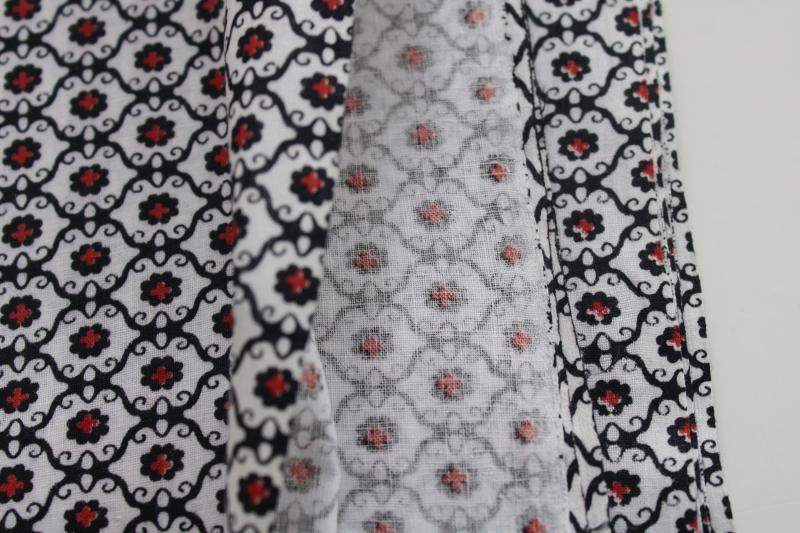 mid-century vintage cotton fabric, menswear foulard style print, black & red on white